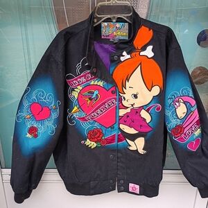 FLINESTONES LADIES SZ S PEBBLES DINO HEARTS PATCHES  VARSITY JACKET VINTAGE RARE